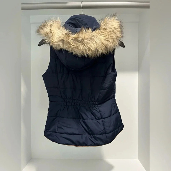 PRINCE & FOX navy puffer vest zip snaps removable fur trim hood pockets Small - Picture 4 of 11